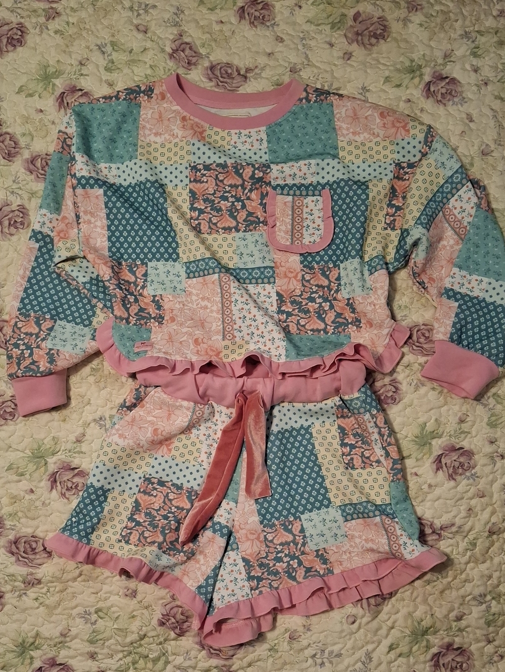 Simply Southern Patchwork Print Pink & Blue Ruffle Set